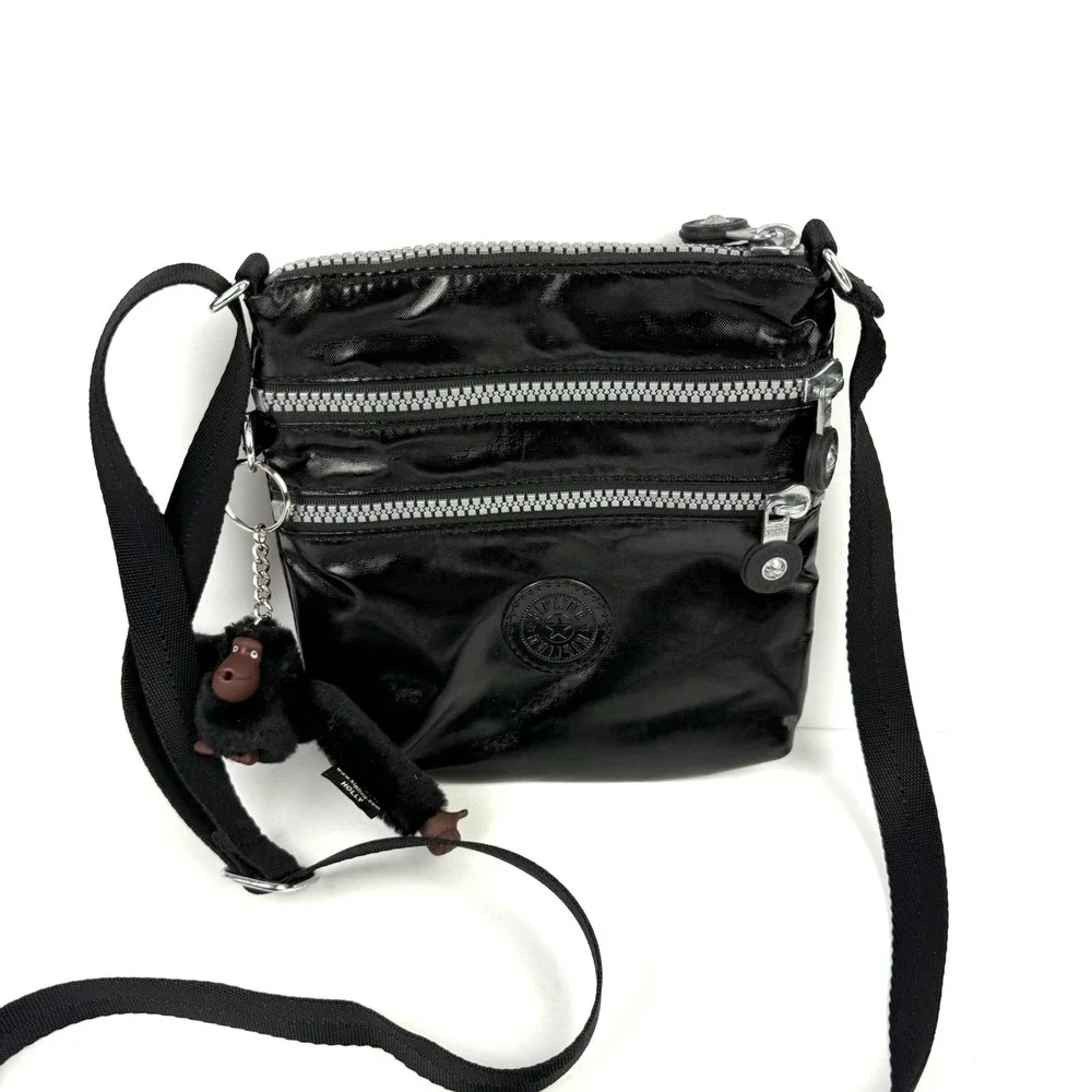 Kipling Alvar Crossbody Bag Small Shiny Black Triple Zip Monkey Charm NEW